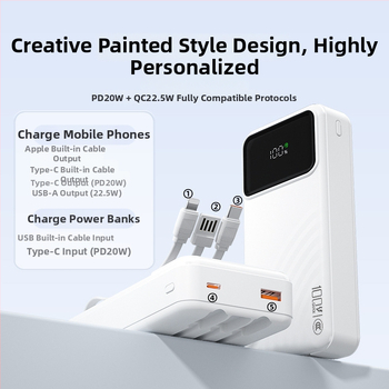 Power bank certificat 3C pentru încărcare rapidă, capacitate mare, cablu încorporat, afișaj digital inteligent, încărcare rapidă PD, 20000mAh