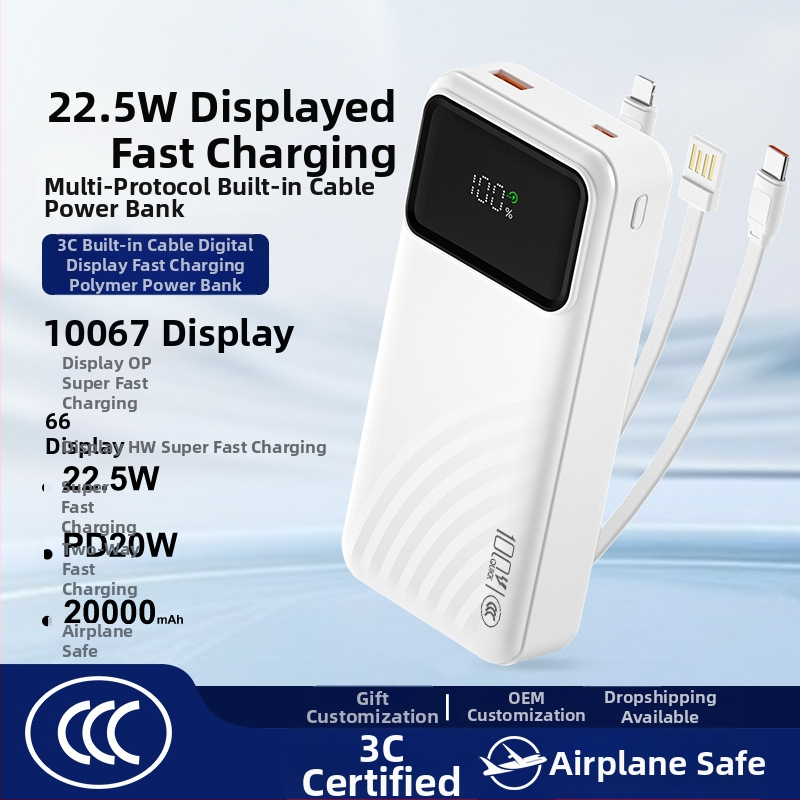 Power bank certificat 3C pentru încărcare rapidă, capacitate mare, cablu încorporat, afișaj digital inteligent, încărcare rapidă PD, 20000mAh