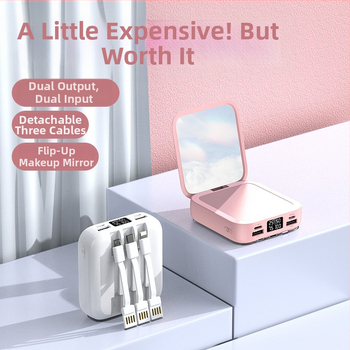 Oglindă de machiaj cu power bank de 20000 mAh, mini, universală, cablu de încărcare încorporat, imprimare logo