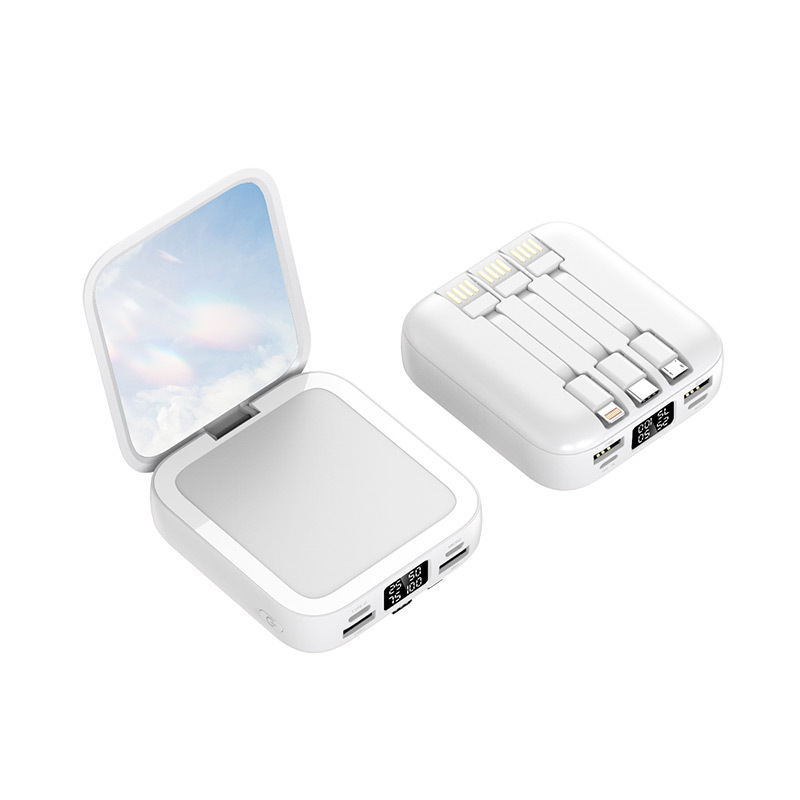 Oglindă de machiaj cu power bank de 20000 mAh, mini, universală, cablu de încărcare încorporat, imprimare logo