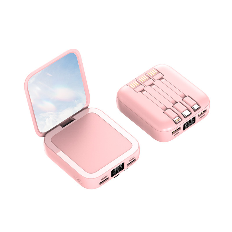 Oglindă de machiaj cu power bank de 20000 mAh, mini, universală, cablu de încărcare încorporat, imprimare logo