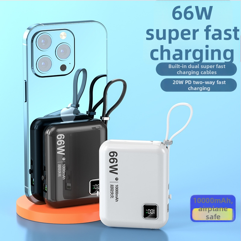 Power bank mini cu cablu încorporat, 10000mAh, încărcare rapidă bidirecțională