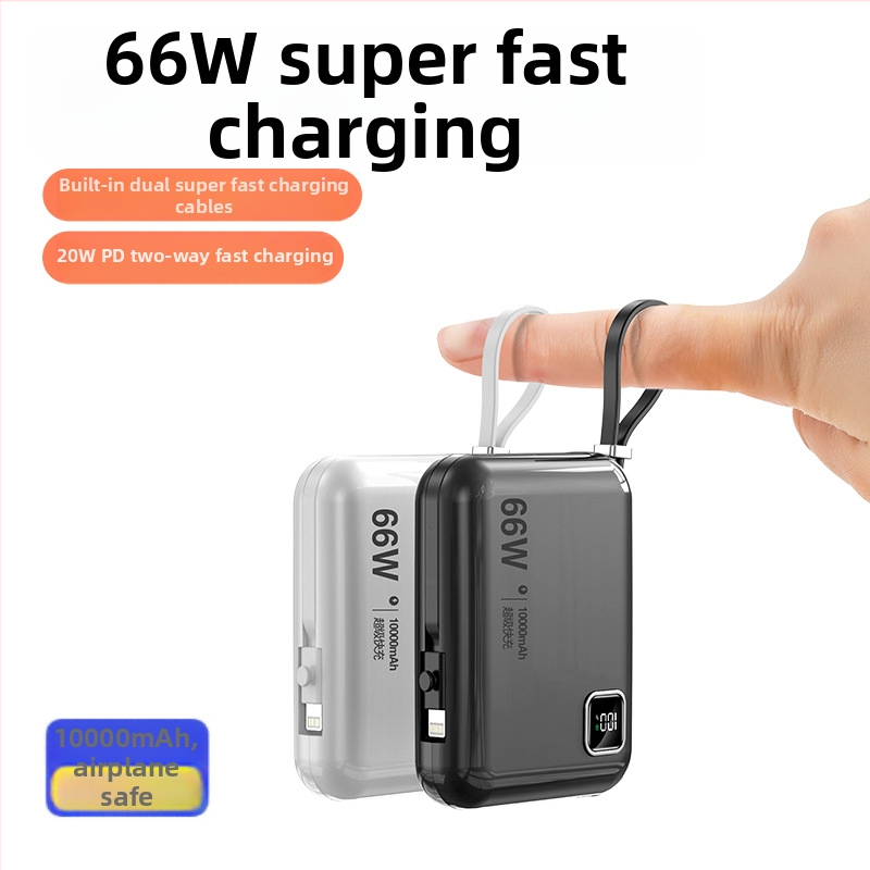 Power bank mini cu cablu încorporat, 10000mAh, încărcare rapidă bidirecțională