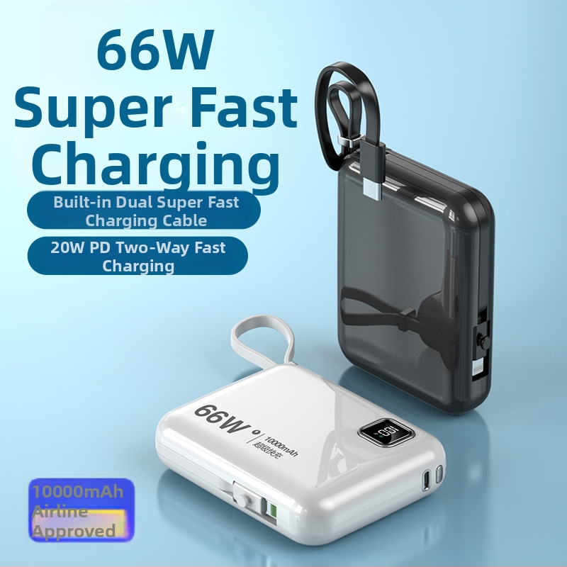 Power bank mini cu cablu încorporat, 10000mAh, încărcare rapidă bidirecțională
