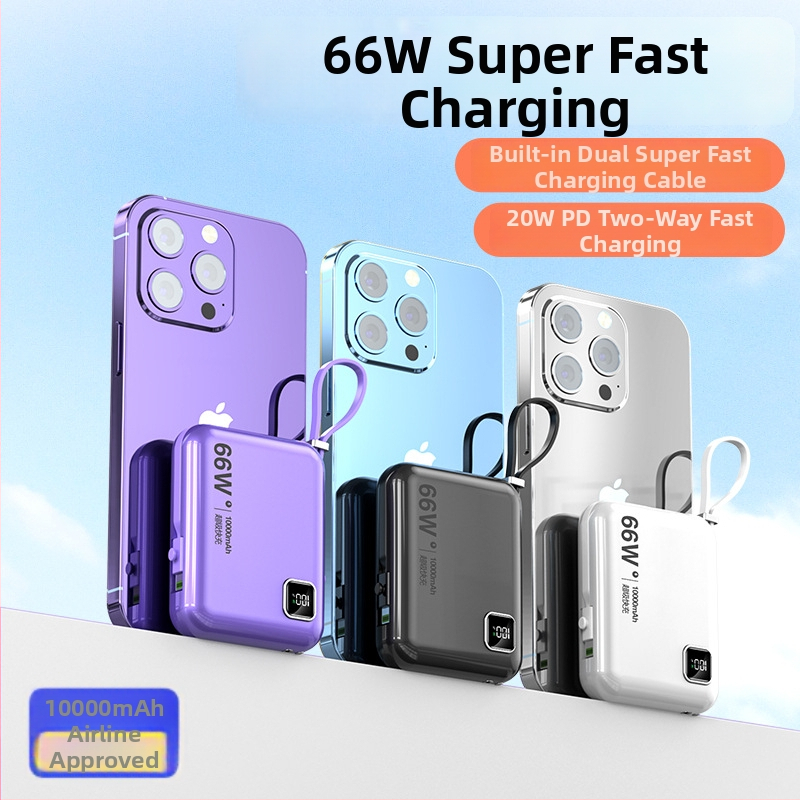 Power bank mini cu cablu încorporat, 10000mAh, încărcare rapidă bidirecțională