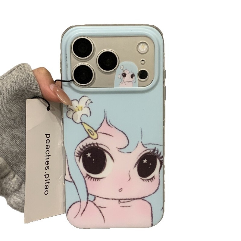 Carcasă iPhone cu o fată desen animat cu părul albastru, în stil Ins