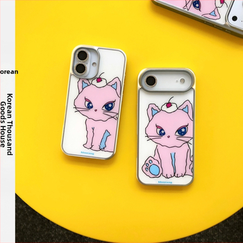 Husa de telefon Bloorang cu design cu pisică desen animat, stil pictat manual, margine argintie, acoperire completă, protecție anti-cădere pentru iPhone