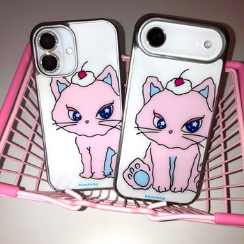 Husa de telefon Bloorang cu design cu pisică desen animat, stil pictat manual, margine argintie, acoperire completă, protecție anti-cădere pentru iPhone