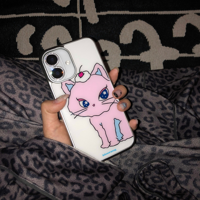 Husa de telefon Bloorang cu design cu pisică desen animat, stil pictat manual, margine argintie, acoperire completă, protecție anti-cădere pentru iPhone