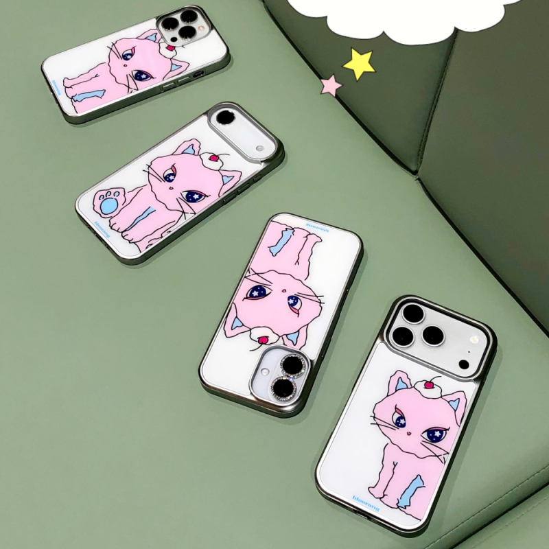 Husa de telefon Bloorang cu design cu pisică desen animat, stil pictat manual, margine argintie, acoperire completă, protecție anti-cădere pentru iPhone
