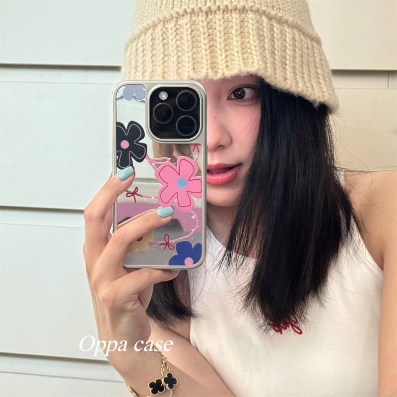 Carcasă oglindă cu graffiti floral în stil coreean INS pentru iPhone 16 Pro Max și iPhone 17