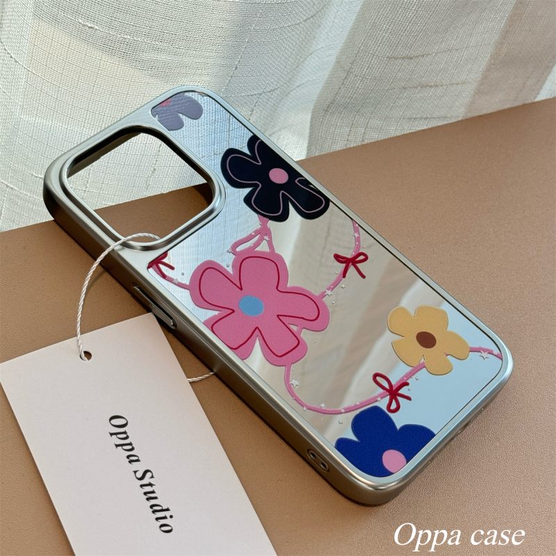 Carcasă oglindă cu graffiti floral în stil coreean INS pentru iPhone 16 Pro Max și iPhone 17