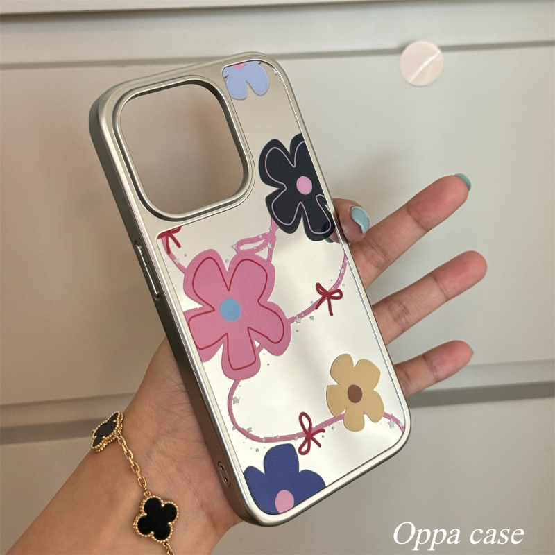 Carcasă oglindă cu graffiti floral în stil coreean INS pentru iPhone 16 Pro Max și iPhone 17