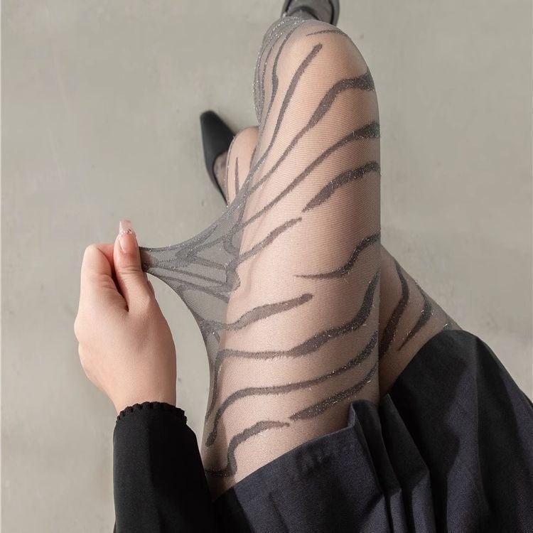 Pantilose negre cu imprimeu zebra și fir argintiu, respirabile, subțiri, pentru femei