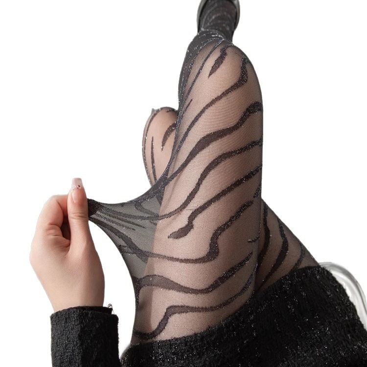 Pantilose negre cu imprimeu zebra și fir argintiu, respirabile, subțiri, pentru femei