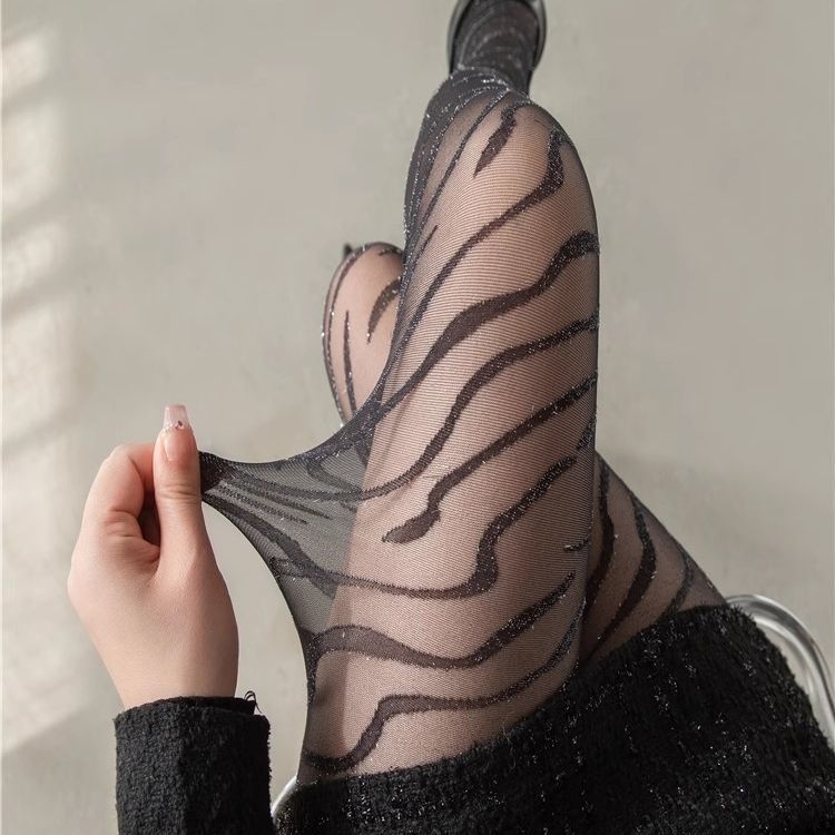 Pantilose negre cu imprimeu zebra și fir argintiu, respirabile, subțiri, pentru femei