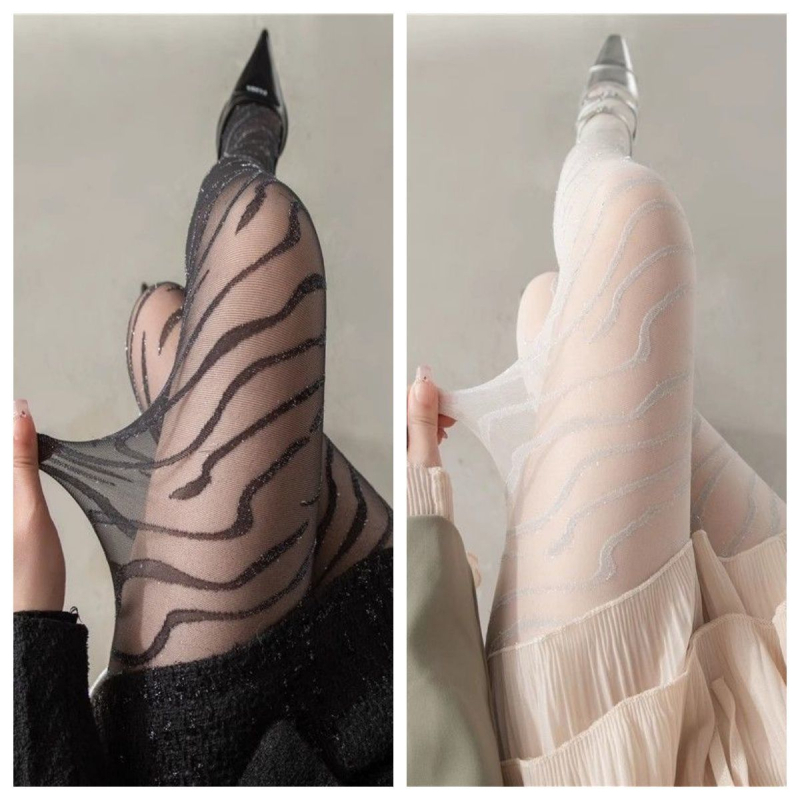 Pantilose negre cu imprimeu zebra și fir argintiu, respirabile, subțiri, pentru femei