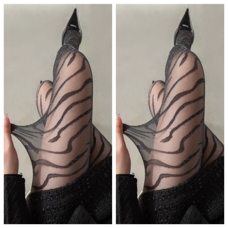 Pantilose negre cu imprimeu zebra și fir argintiu, respirabile, subțiri, pentru femei