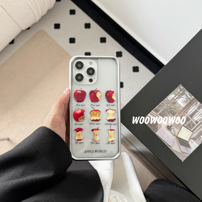 Husă transparentă pentru iPhone 15/16, ramă argintie, ilustrație cu fructe în stil Ins de nișă