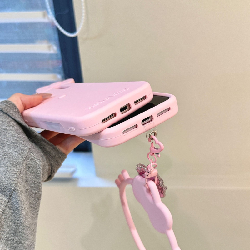 Carcasă din silicon KT Cat cu brățară pentru iPhone 13–17 Pro/Max, roz lăptos