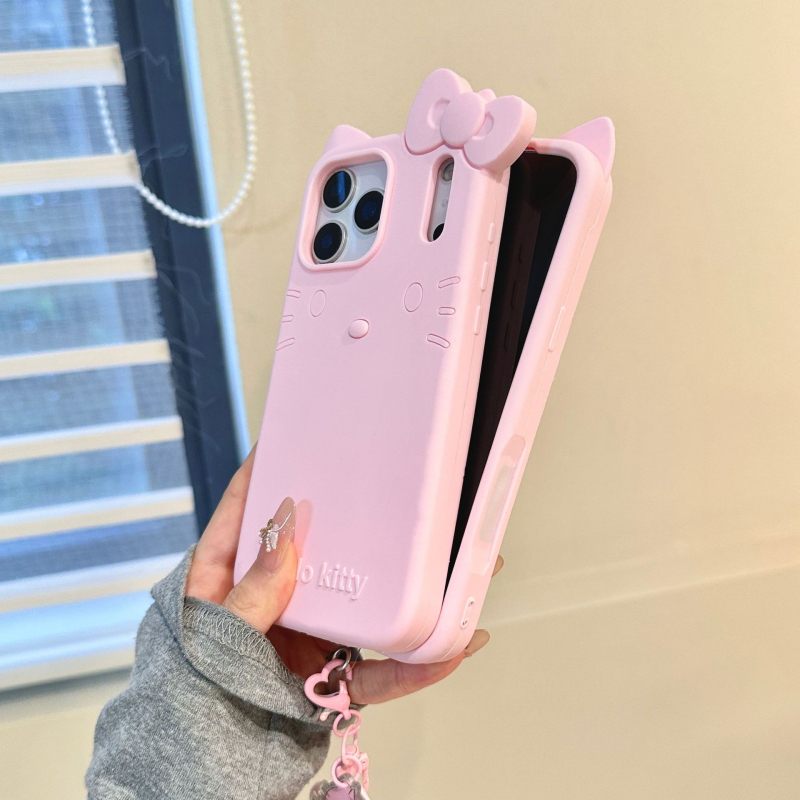 Carcasă din silicon KT Cat cu brățară pentru iPhone 13–17 Pro/Max, roz lăptos