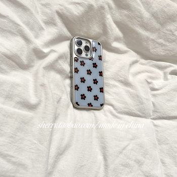 Husa pentru iPhone 16 Pro Max, stil Sherry Ins, fundal albastru cu flori negre, margine argintie electroplacată