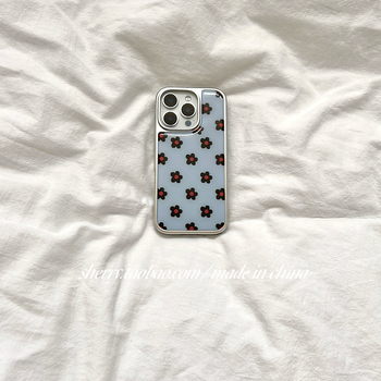 Husa pentru iPhone 16 Pro Max, stil Sherry Ins, fundal albastru cu flori negre, margine argintie electroplacată