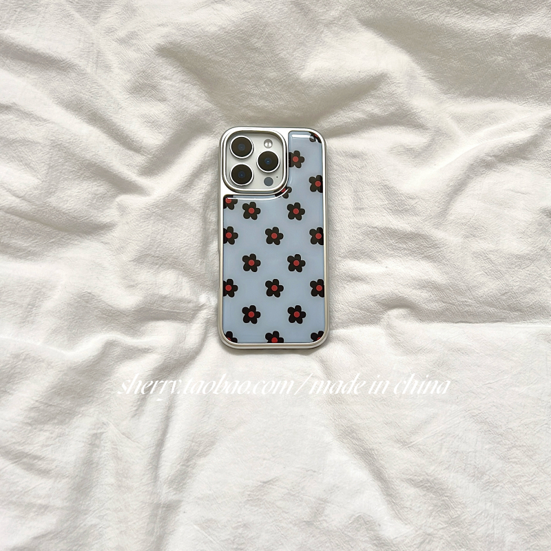 Husa pentru iPhone 16 Pro Max, stil Sherry Ins, fundal albastru cu flori negre, margine argintie electroplacată