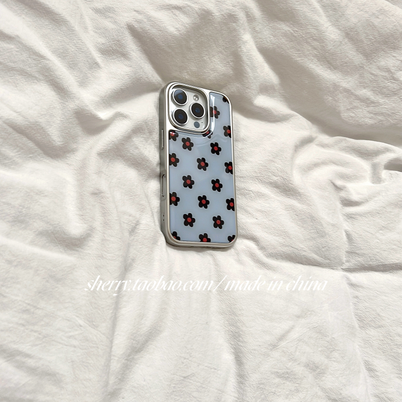 Husa pentru iPhone 16 Pro Max, stil Sherry Ins, fundal albastru cu flori negre, margine argintie electroplacată