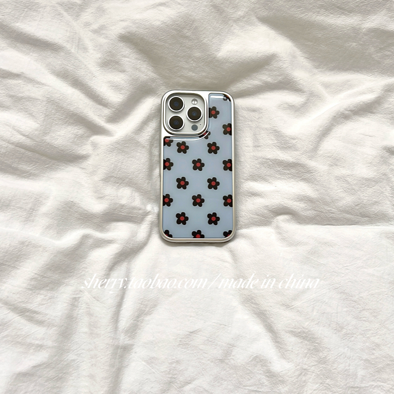 Husa pentru iPhone 16 Pro Max, stil Sherry Ins, fundal albastru cu flori negre, margine argintie electroplacată