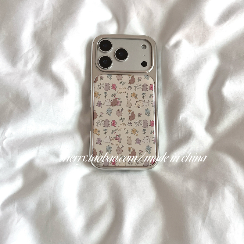 Carcasă TPU Sherry Ins cu design floral, margini electroplate argintii, cu iepuri și pisici pentru iPhone 17 Pro Max