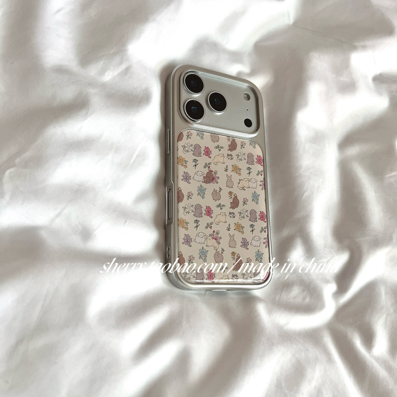 Carcasă TPU Sherry Ins cu design floral, margini electroplate argintii, cu iepuri și pisici pentru iPhone 17 Pro Max