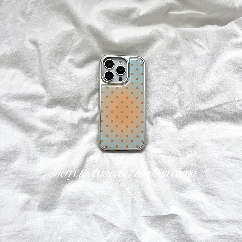 Carcasă pentru iPhone 16 Pro Max în stil Sherry Ins, gradient albastru-portocaliu cu buline polka, margine argint electroplacată