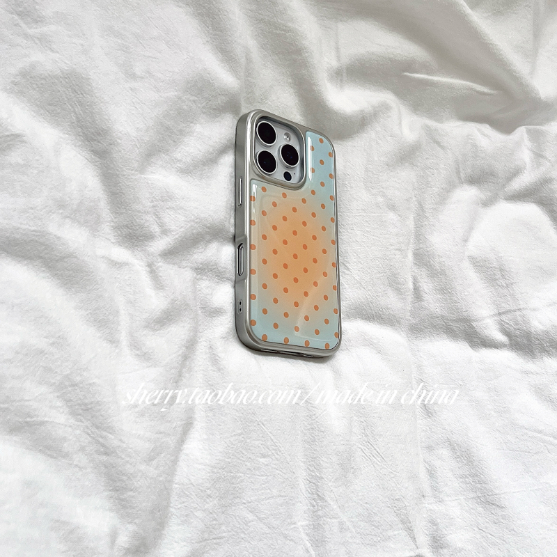 Carcasă pentru iPhone 16 Pro Max în stil Sherry Ins, gradient albastru-portocaliu cu buline polka, margine argint electroplacată