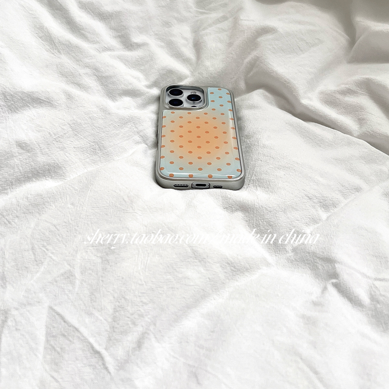 Carcasă pentru iPhone 16 Pro Max în stil Sherry Ins, gradient albastru-portocaliu cu buline polka, margine argint electroplacată