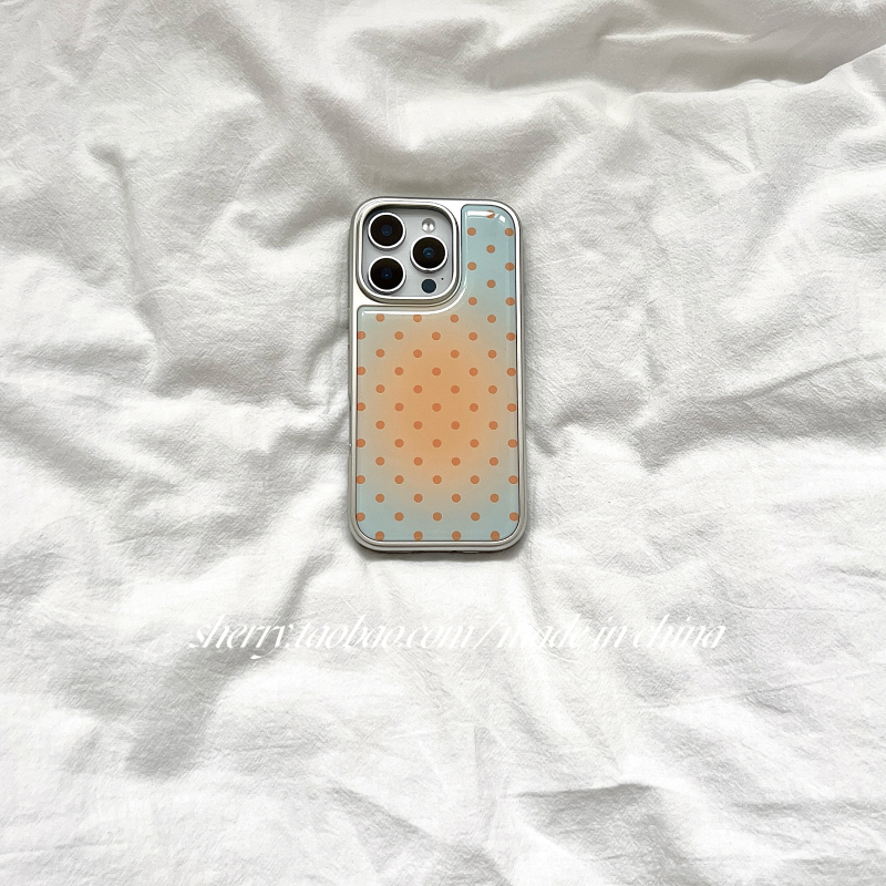 Carcasă pentru iPhone 16 Pro Max în stil Sherry Ins, gradient albastru-portocaliu cu buline polka, margine argint electroplacată