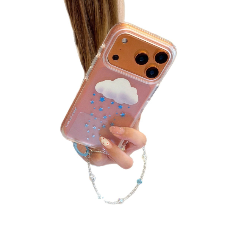 Carcasă de telefon cu luciu auriu, motiv nor, stele și picături de ploaie pentru iPhone 17/16 Pro Max – Design creativ în stil desen animat, 15P