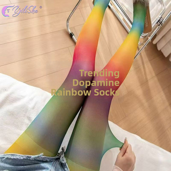 Șosete damă în stil japonez cu curcubeu Dopamin, subțiri, cu dungi gradient, colorate și sexy pentru primăvară și toamnă