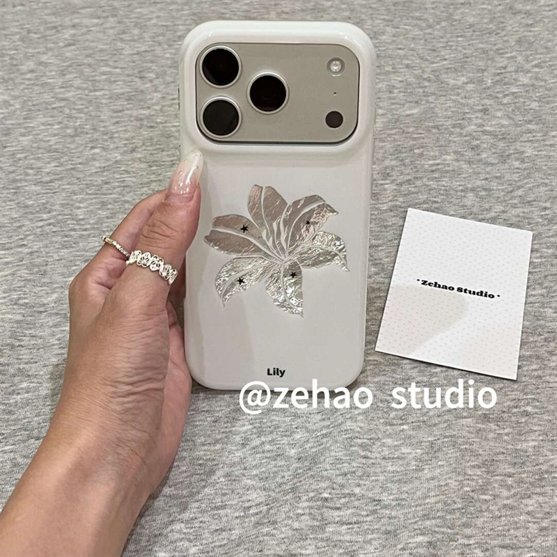 Husă de protecție pentru iPhone, stil minimalist, crin argintiu și stele