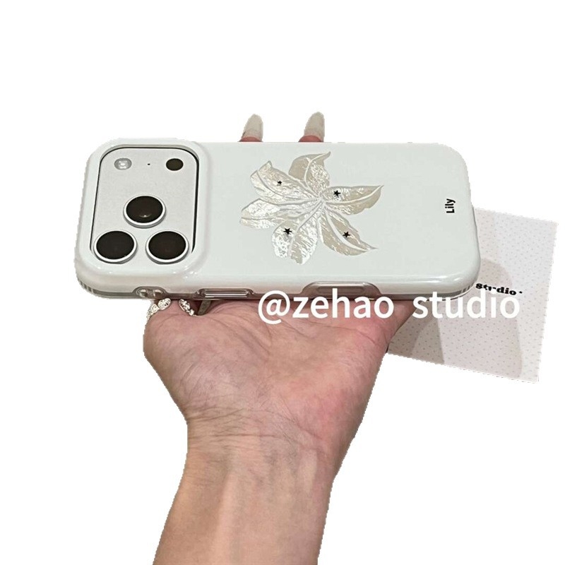 Husă de protecție pentru iPhone, stil minimalist, crin argintiu și stele
