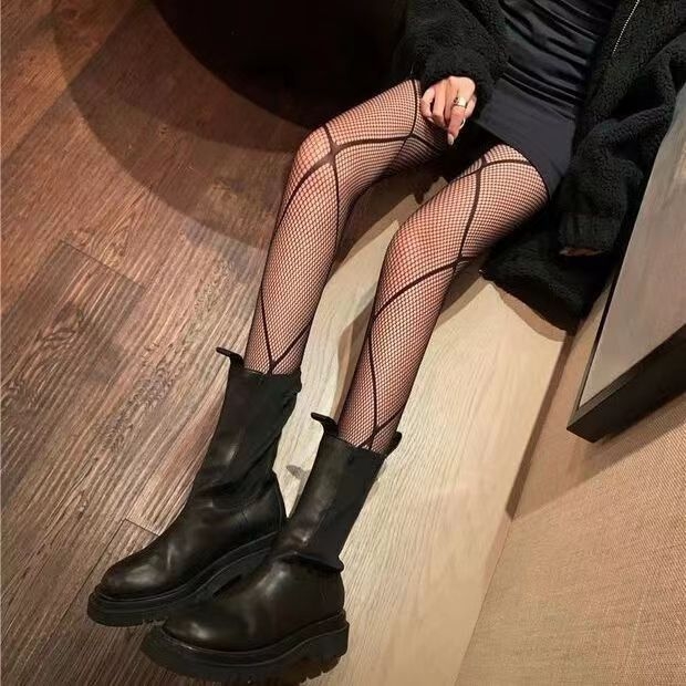 Colanți din plasă negri, cu model diamant-cruce, subțiri, cu dantelă