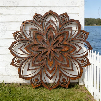 Artă de perete din fier – mandala geometrică, decor din metal ruginit pentru exterior, grădină și gard