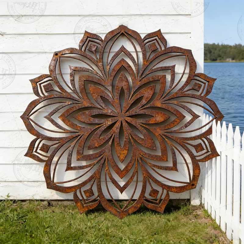Artă de perete din fier – mandala geometrică, decor din metal ruginit pentru exterior, grădină și gard