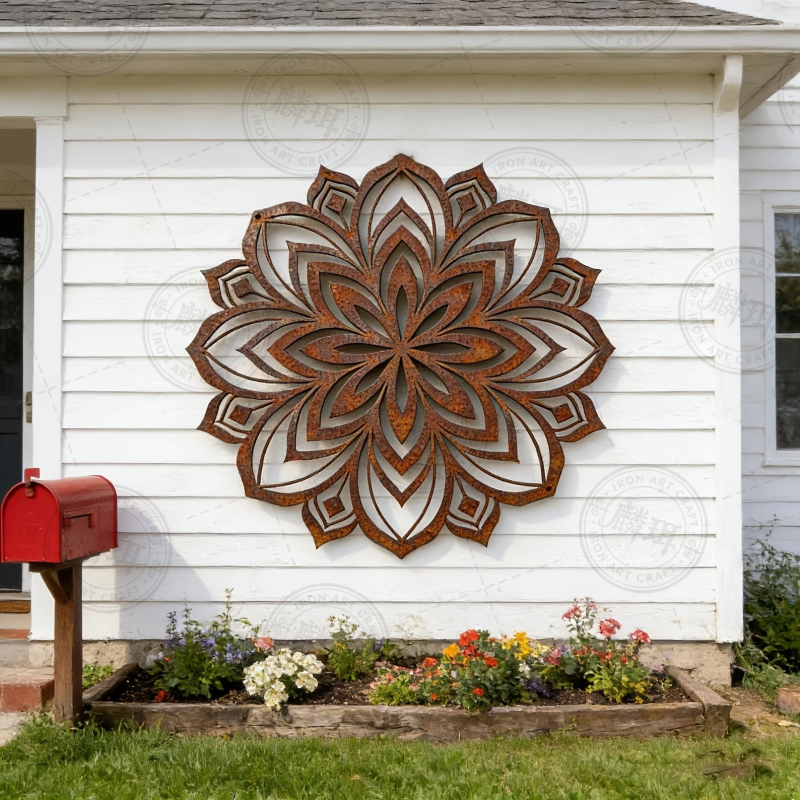 Artă de perete din fier – mandala geometrică, decor din metal ruginit pentru exterior, grădină și gard