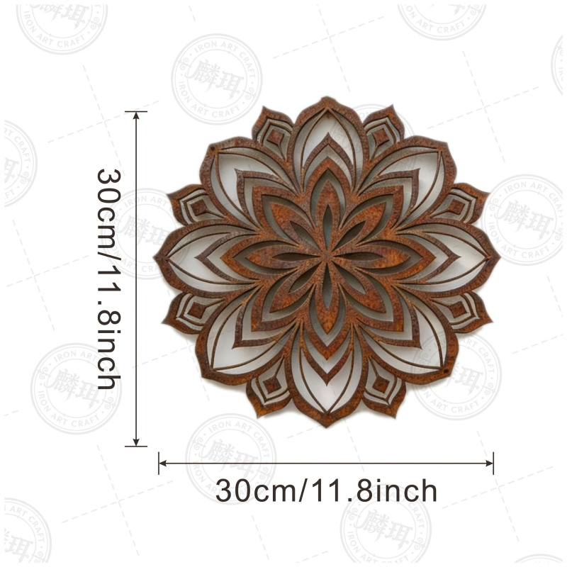 Artă de perete din fier – mandala geometrică, decor din metal ruginit pentru exterior, grădină și gard