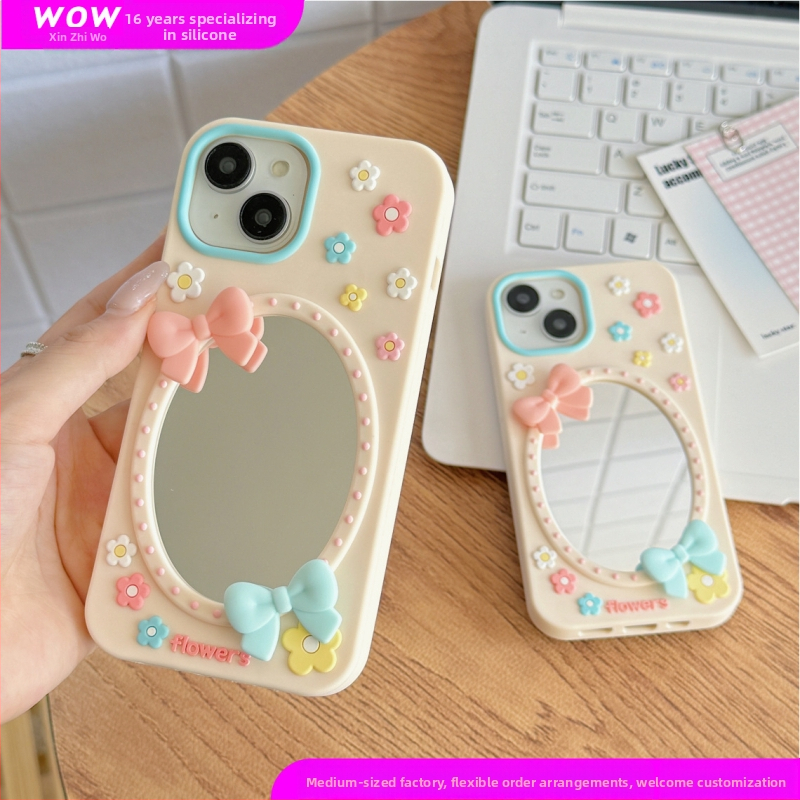 Carcasă din silicon cu fundă drăguță, motiv floral și oglindă, pentru iPhone 17 și iPhone 16 Pro Max, Cartoon 15