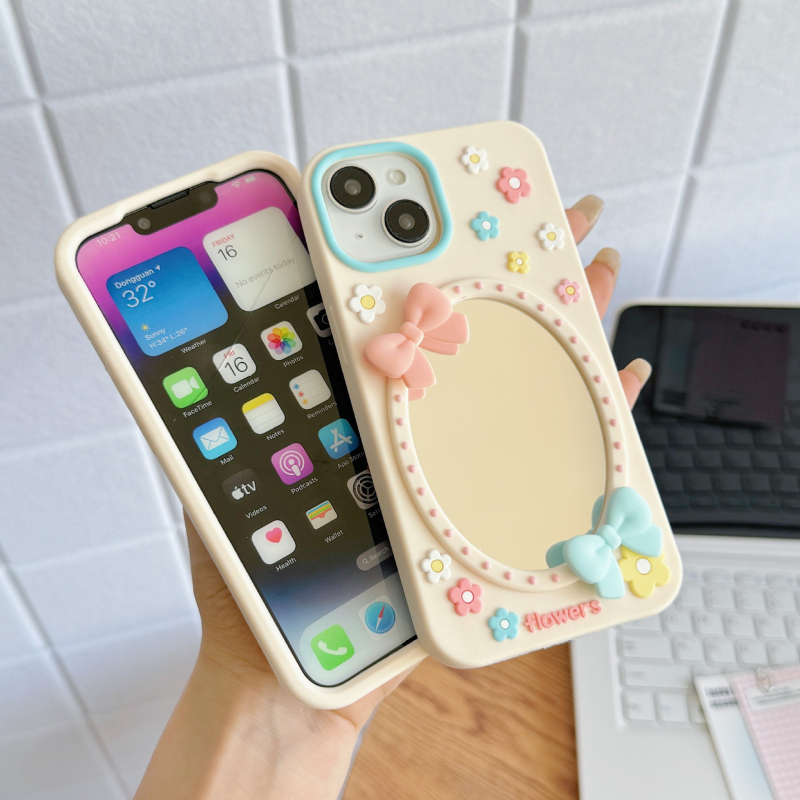 Carcasă din silicon cu fundă drăguță, motiv floral și oglindă, pentru iPhone 17 și iPhone 16 Pro Max, Cartoon 15