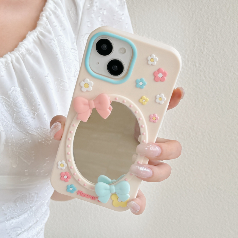 Carcasă din silicon cu fundă drăguță, motiv floral și oglindă, pentru iPhone 17 și iPhone 16 Pro Max, Cartoon 15