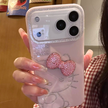 Carcasă lucioasă cu funda de pisică pentru iPhone 17 Pro Max / 16 Pro Max, stil desen animat