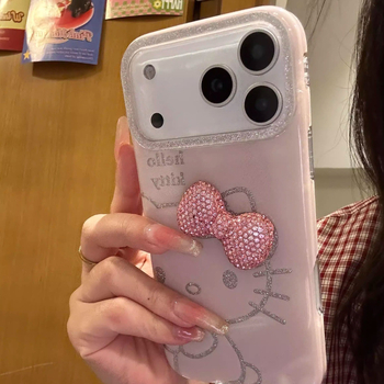 Carcasă lucioasă cu funda de pisică pentru iPhone 17 Pro Max / 16 Pro Max, stil desen animat